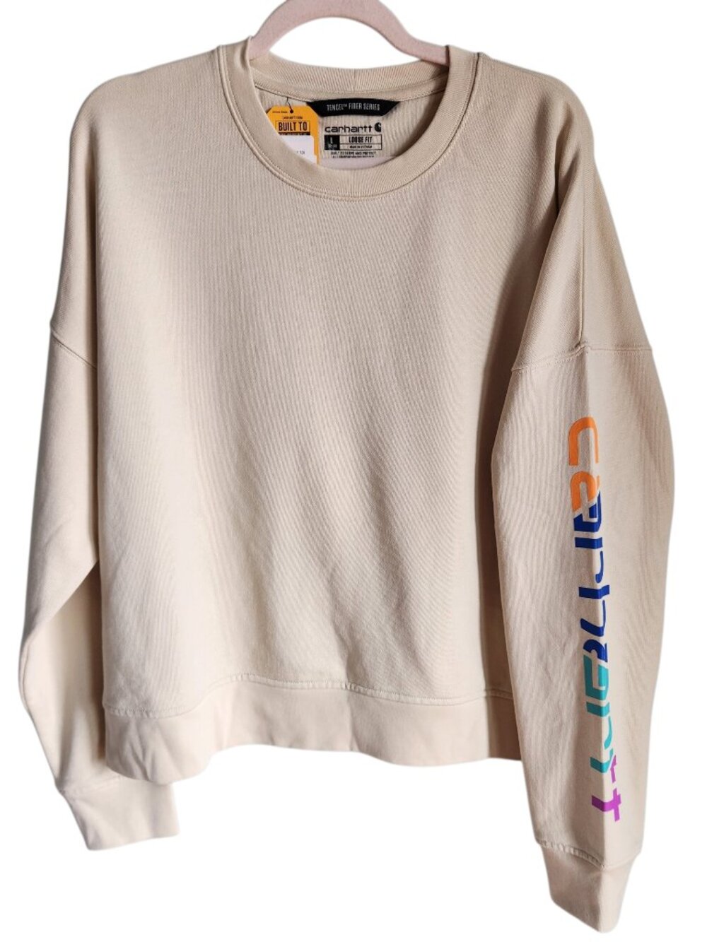 Carhartt Sweatshirt Women's Large Beige Tencel Loose Fit Sleeve Graphic Crewneck